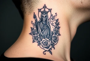 Evil Santa muerte rising out of smoke surrounded by 
 roses tattoo idea