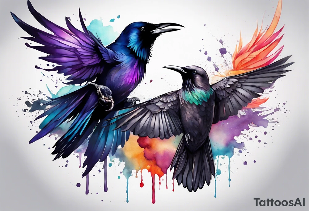 raven above a hummingbird with the raven facing right and the hummingbird facing left tattoo idea