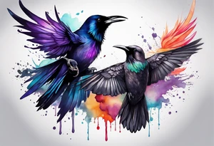 raven above a hummingbird with the raven facing right and the hummingbird facing left tattoo idea