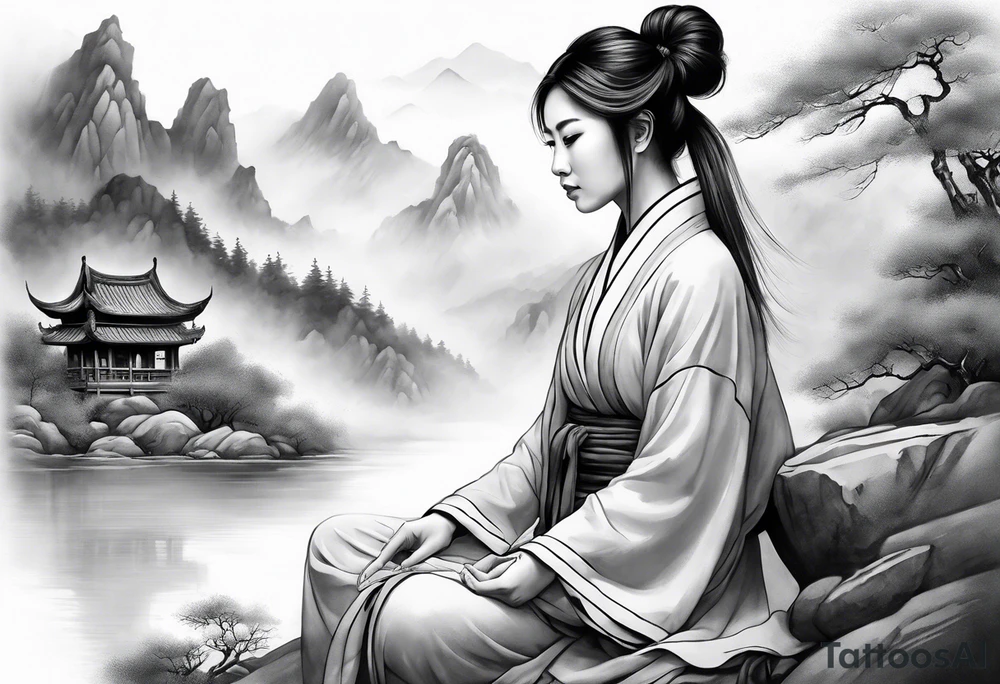 forearm sleeve traditional chinese art painting style autumn mountains mist fog water Chinese temple female with pony tail wearing robes seated meditating far away in the distance tattoo idea