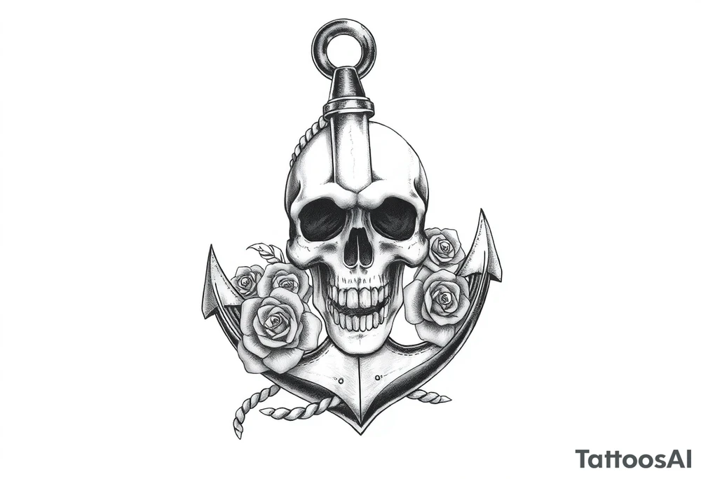 weathered anchor wrapped in nautical rope with sea waves and Roses below aged skull,. tattoo idea