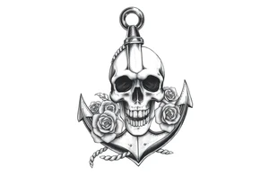 weathered anchor wrapped in nautical rope with sea waves and Roses below aged skull,. tattoo idea