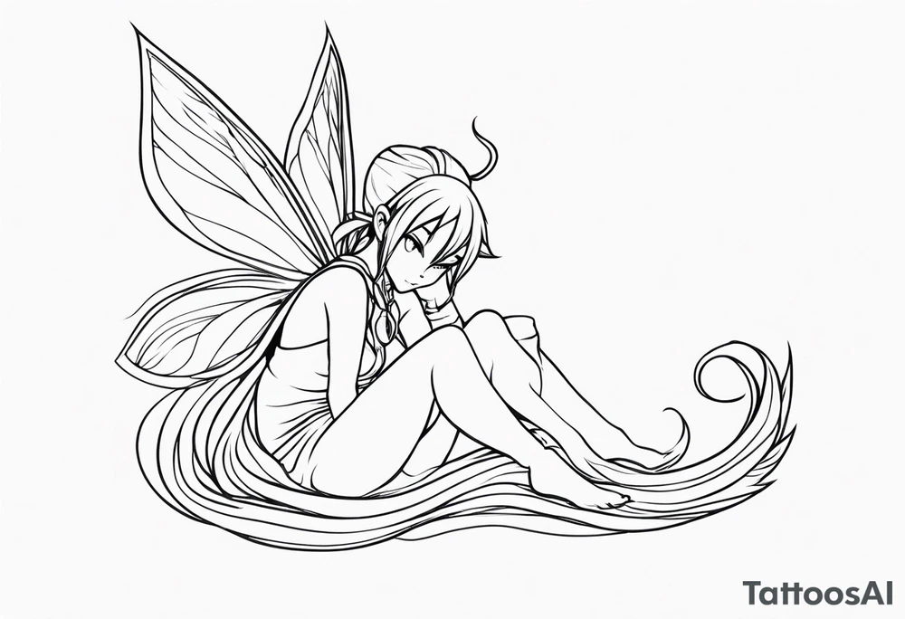 A fairy with a tail inspired by the logo of the show called Fairy Tail in a fetal position leaning in tattoo idea