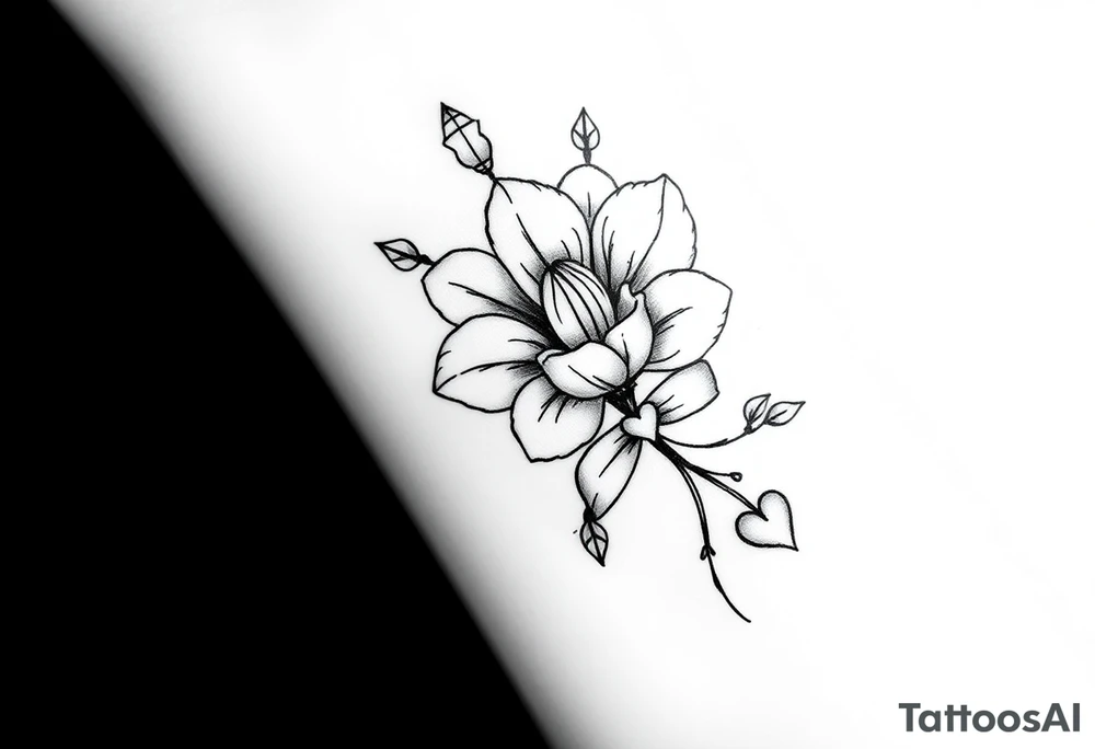 A beautiful flower with a card queen sign and a ribbon tied around the flower with banríona and a small heart tattoo idea