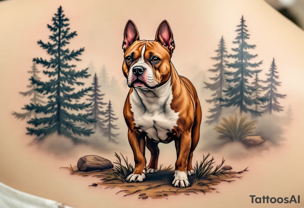 Stafford in Nature Scene – A serene design showing a Staffordshire Bull Terrier standing in a forest setting, with evergreen trees and cool earth tones in the background. tattoo idea