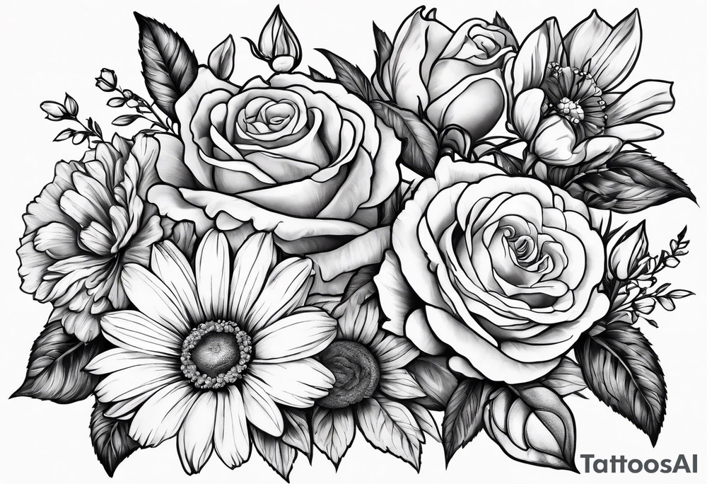 bouquet of roses, larkspur, carnation, and daisy tattoo idea