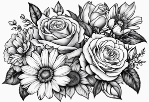 bouquet of roses, larkspur, carnation, and daisy tattoo idea