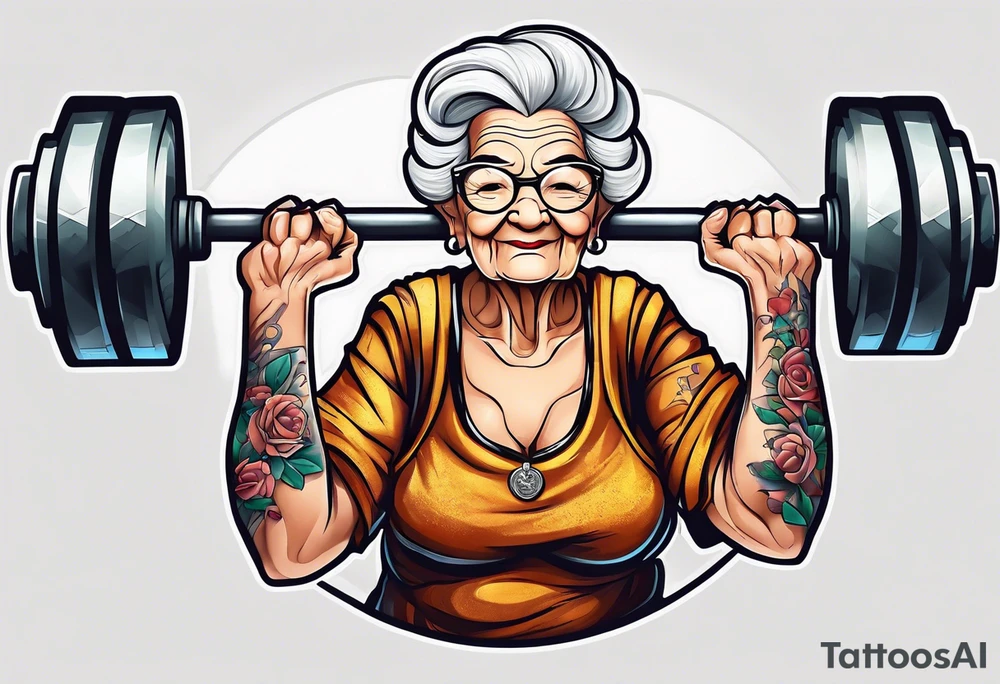 Strong old lady lifting weights. tattoo idea