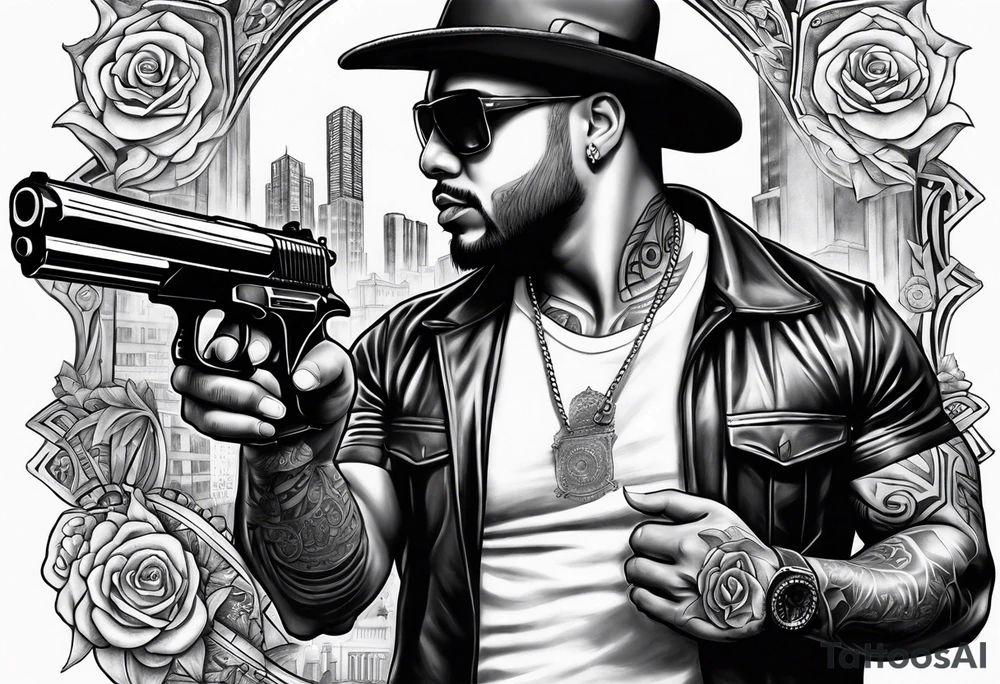 Chicano style 
city gangster guns tattoo idea