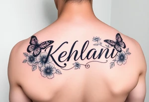 the name kehlani with flowers and butterflies red and black ink tattoo idea