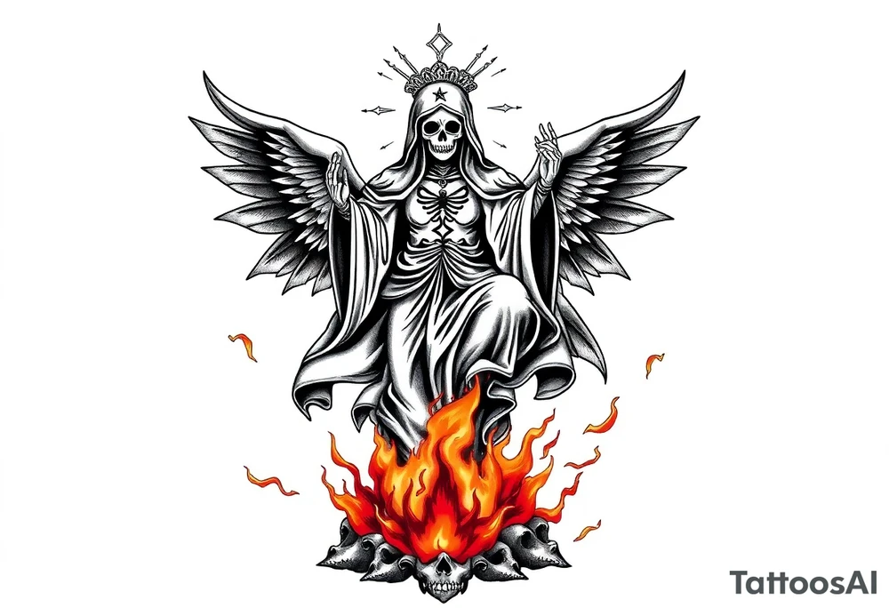 Magnificent Santa muerte rising out of the ashes of hell to claim a soul tattoo idea