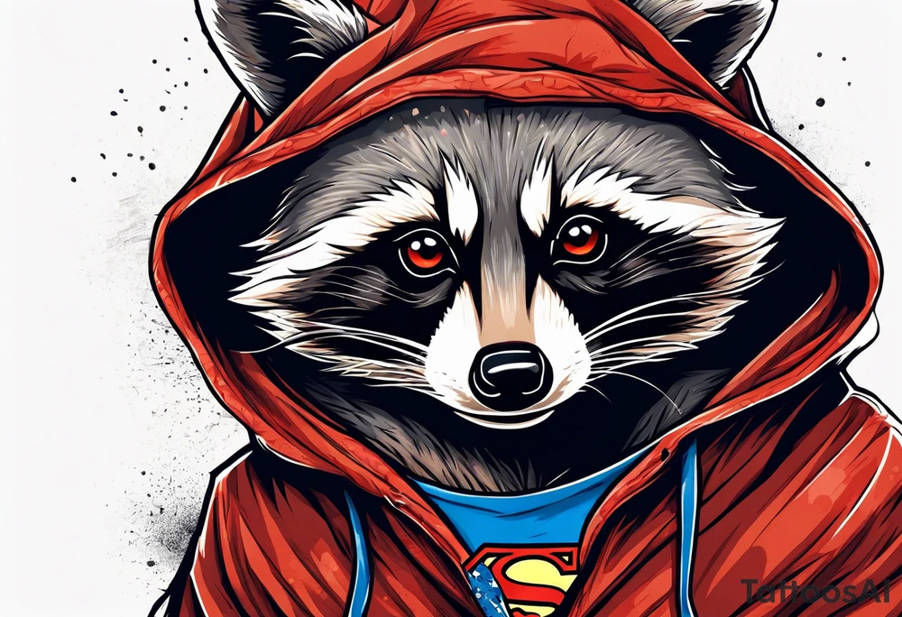 raccoon wearing a Superman hoodie tattoo idea