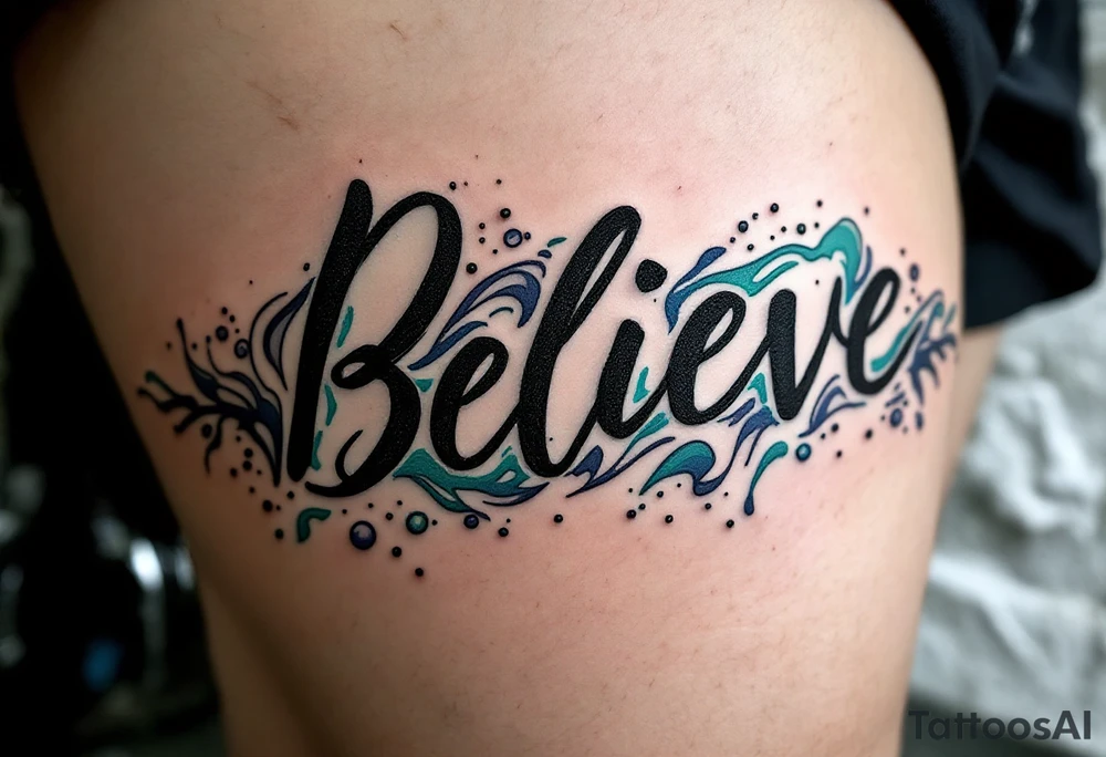 "Believe" in black ink, with waves crashing around it in shades of blue and green, representing the ebb and flow of life's challenges. tattoo idea