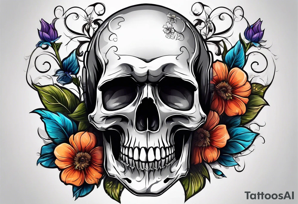 skull with flowers growing on it tattoo idea