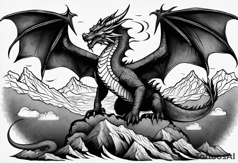 A large open book. a dragon with scales and four legs flying high in the sky. three mountains tattoo idea