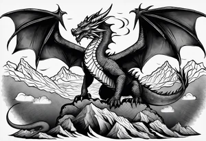A large open book. a dragon with scales and four legs flying high in the sky. three mountains tattoo idea