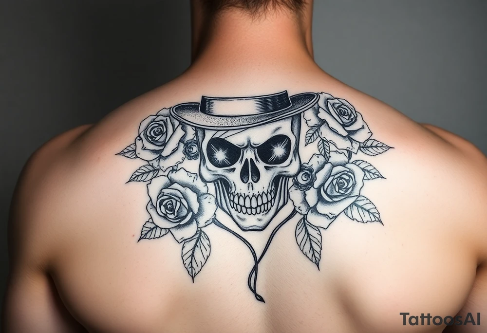 skull steampunk black top hat roses tattoo idea