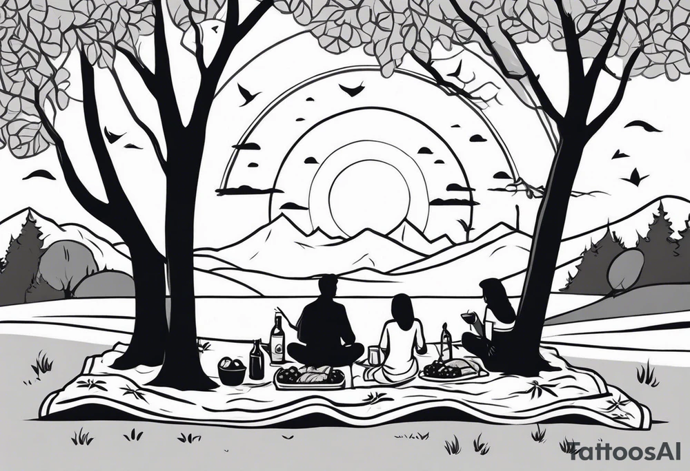 minimalstic picnic scene in nature on a blanket, with tennants in one tree and sun in the sky tattoo idea