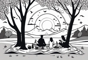 minimalstic picnic scene in nature on a blanket, with tennants in one tree and sun in the sky tattoo idea