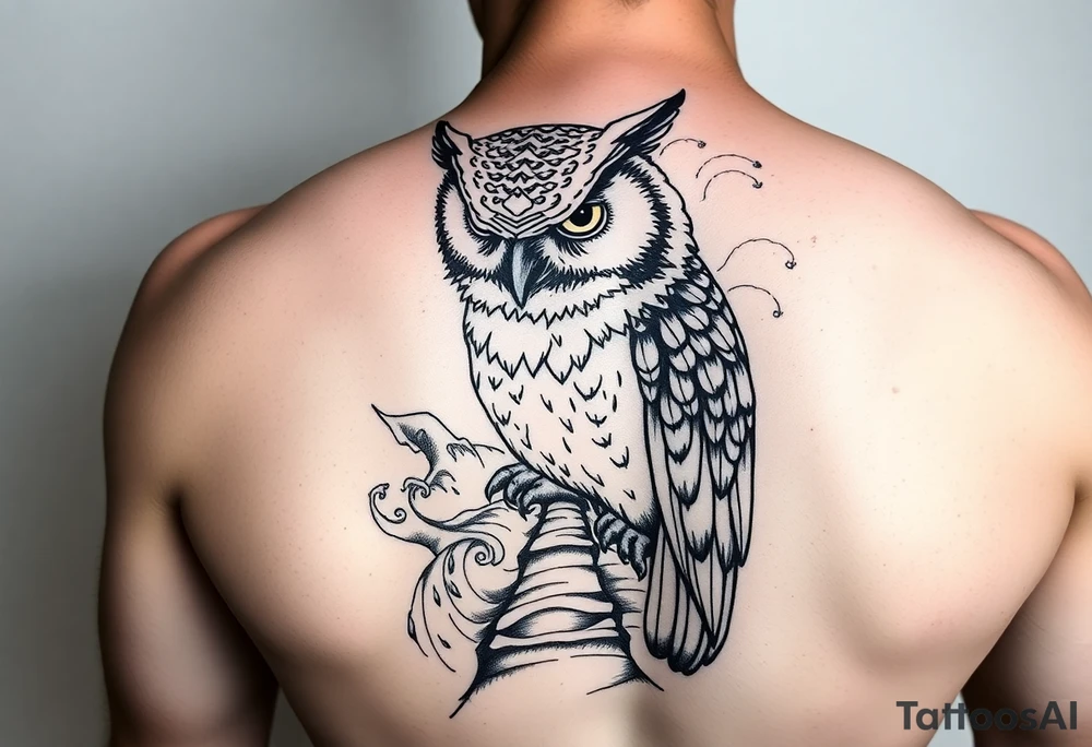 Masked owl overlooking a trench with waves in the background for the arm tattoo idea