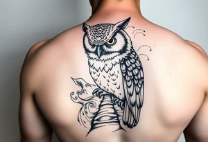 Masked owl overlooking a trench with waves in the background for the arm tattoo idea