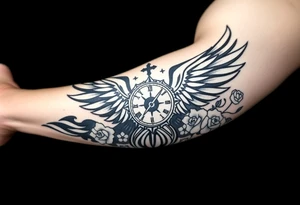 Wing with compass  a clock on elbows with roses tattoo idea