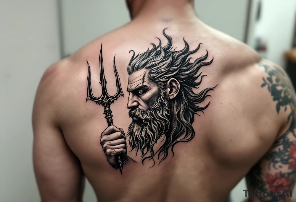fit poseidon, behind a trident, looking at his nose tattoo idea