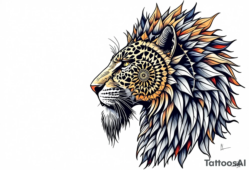 a mix the nemean lion, ancient Egyptian and roman mythology, and a leopard, combined with the sun and French pattern, facing left in profile tattoo idea