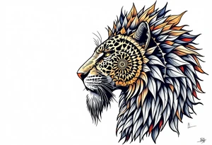 a mix the nemean lion, ancient Egyptian and roman mythology, and a leopard, combined with the sun and French pattern, facing left in profile tattoo idea