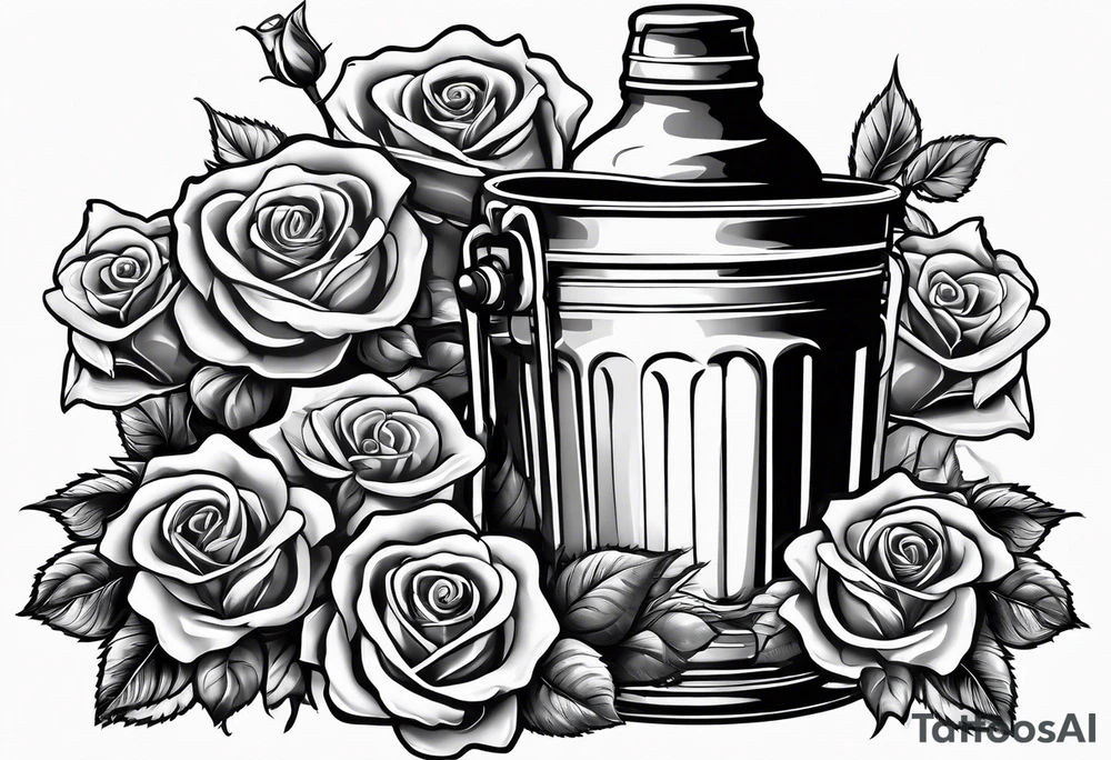 A bottle of beer and a stalk of rose in the bucket tattoo idea