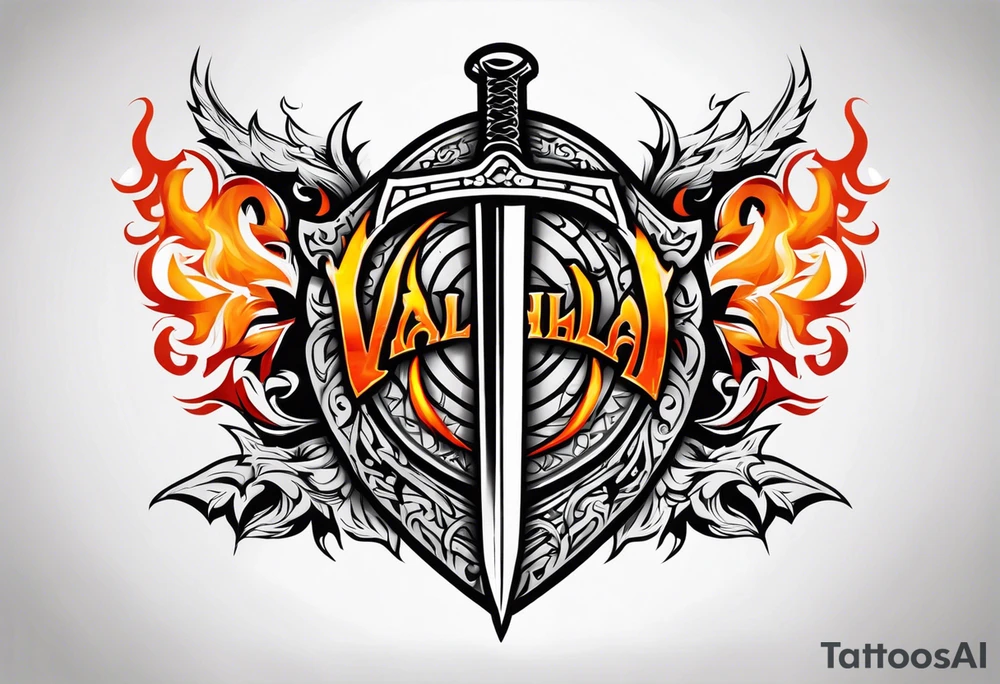 Valhalla on fire shield sword tattoo idea