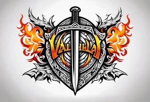 Valhalla on fire shield sword tattoo idea