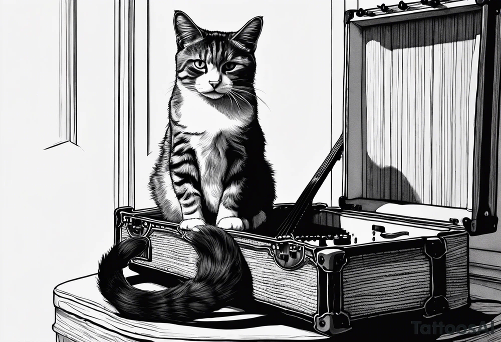 A cat playing acoustic guitar and sitting on a cajon. Dont forget the cajon. CAJON!!!! tattoo idea