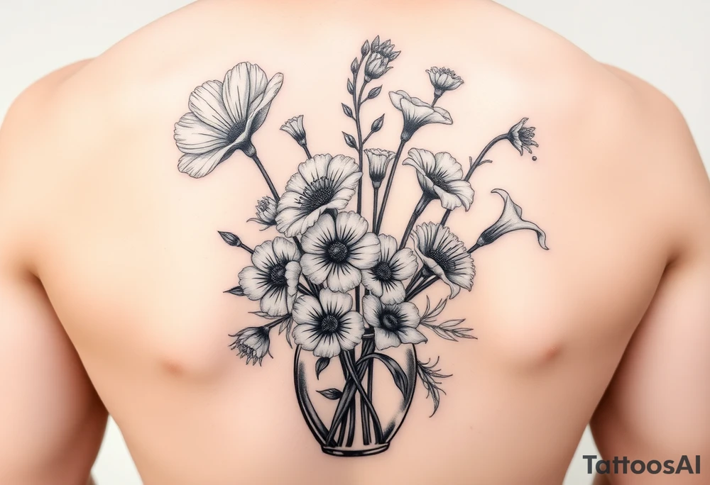 poppy, gladiolus, holly, narcissistic, daisy, and sweet pea in a vase tattoo idea