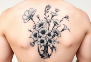 poppy, gladiolus, holly, narcissistic, daisy, and sweet pea in a vase tattoo idea