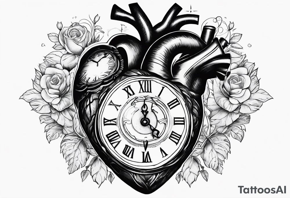 Anatomical heart with clock tattoo idea