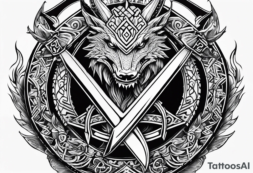 Valhalla sword shield dragon axe Valknut  tribal tattoo idea