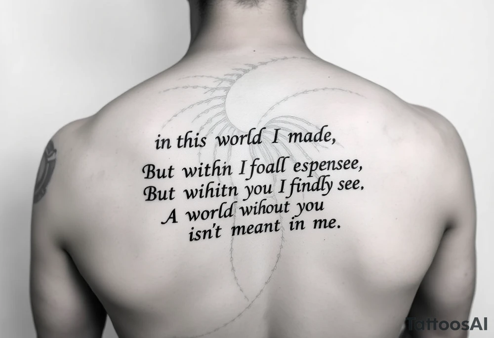 An upper arm tattoo for a man in the style of Ryan Ashley Malarkey with the lyrics, "In this world I made to be infinite
But within the expanse, I finally see
A world without you isn't meant for me", from the band Lorna Shore with their dark forest imagery and aesthetics. tattoo idea