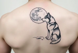 smALL HUSKY LOOKING AT A TRIBAL MOON STANDONG IN THE SAND IN THE SEA WITH THE CONSTALATION OF SAGITARIUS tattoo idea