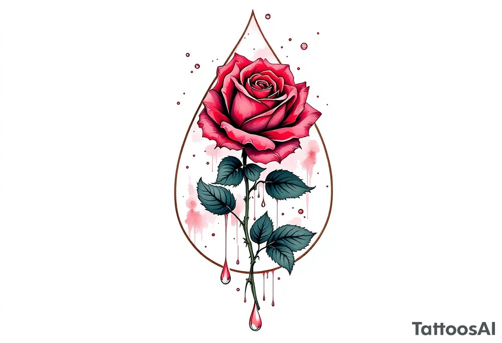 A teardrop shape containing a detailed red rose, with dark green leaves and a few drops of water falling from the petals, representing love, loss, and growth. The rose should have deep red hues, with vibrant green accents in the leaves and gentle shading for depth. tattoo idea