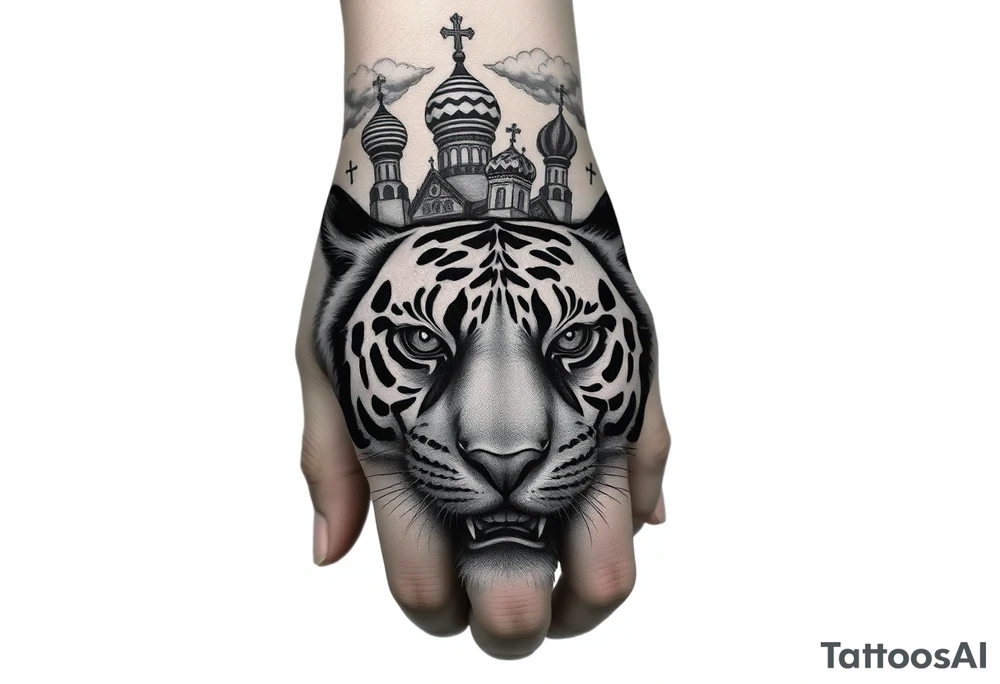 Realistic tiger face on the back of the hand with strong contrast and fine detail with hollow black eyes. with a highly detailed Russian Orthodox cathedral sitting above on fore arm with onion domes and orthodox crosses, done in fine line, engraving-like style. Cohesive composition, black ink only, no color, high contrast, slightly aged, documentary-style, plain light background. with clouds above and a virgin mary 
spanning from my hand to lower fore arm tattoo idea