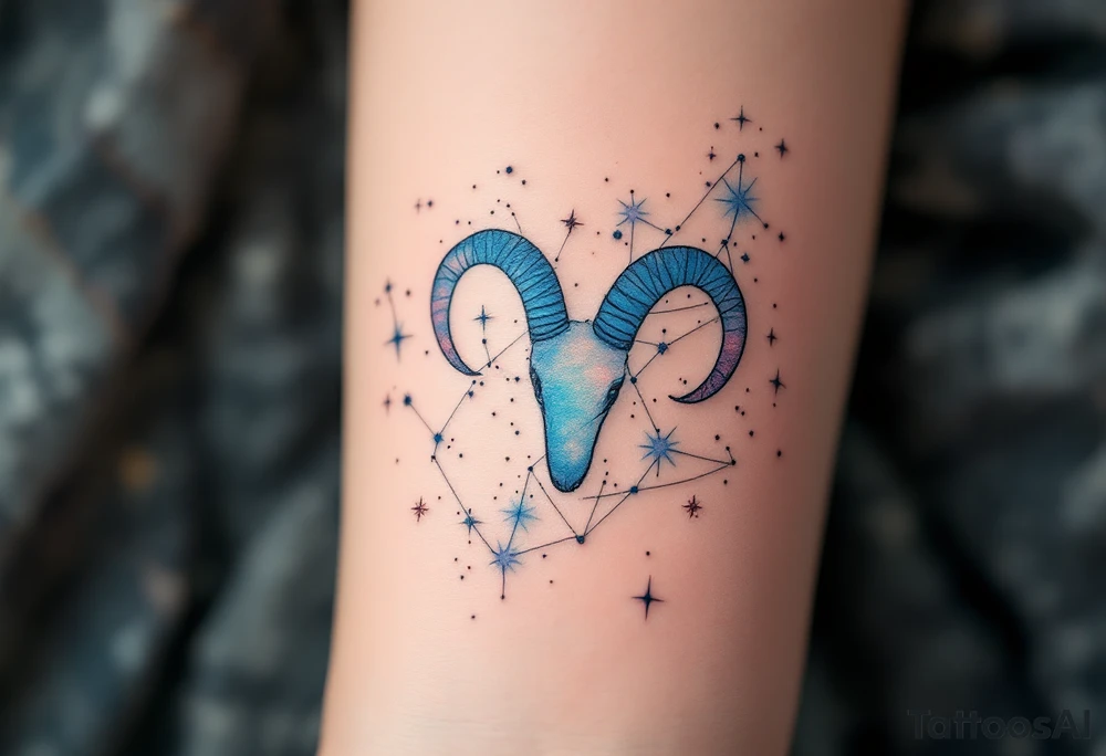 A subtle Aries star constellation map in pastel blues and pinks with the zodiac sign’s cosmic connection with a soft elegance. tattoo idea
