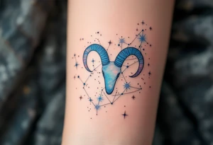 A subtle Aries star constellation map in pastel blues and pinks with the zodiac sign’s cosmic connection with a soft elegance. tattoo idea