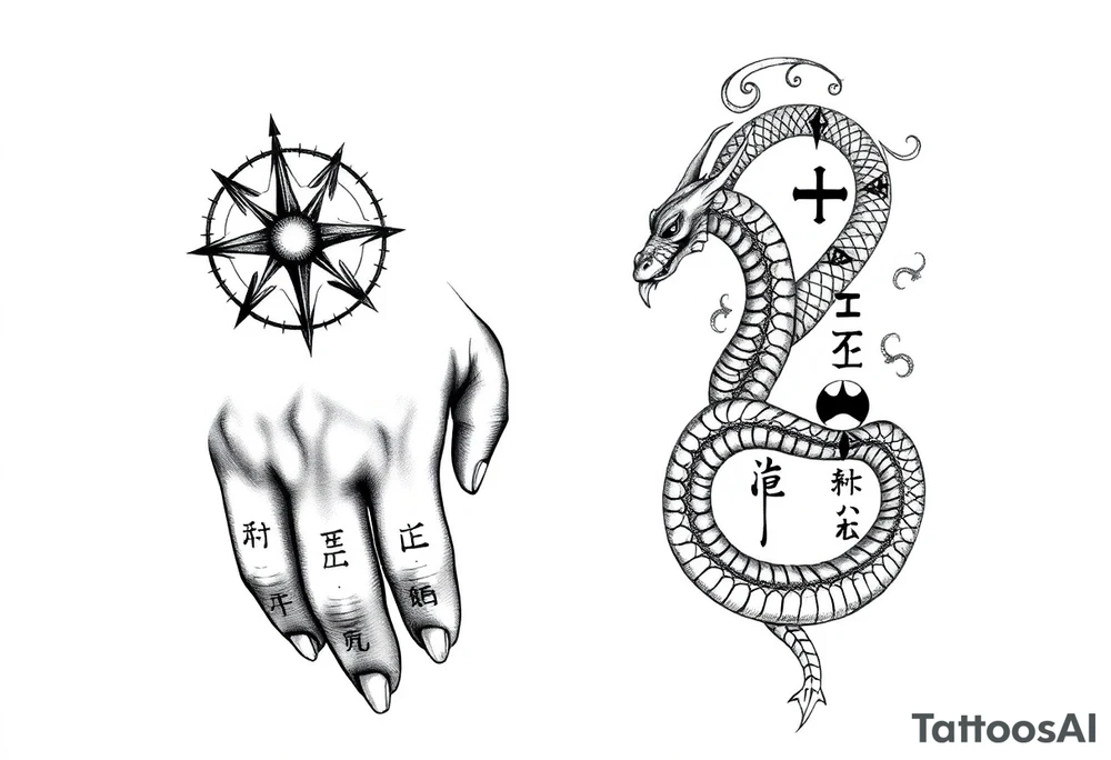 Blackwork tattoo from hand to elbow in a tribal, spiritual style. Vegvisir compass on the hand, carved in rough rune style, inside a radiant Thai sun disc. Each finger has a minimal rune: Tiwaz, Eiwaz, Algiz, Sowilo, Ansuz. A coiling serpent or dragon wraps the forearm — Japanese flow with a Viking beast head. Inside the coil is a Yin-Yang with a broken runic circle, tiny sun and moon inside. Vertical script on the inner forearm: either Bushidō (武士道) or Old Norse runes. Background includes Nordic knotwork, Thai swirls, Japanese waves. Hidden details: crossed swords, faint Hannya mask, sak yant diamonds. Bold black ink with rough, carved texture. tattoo idea