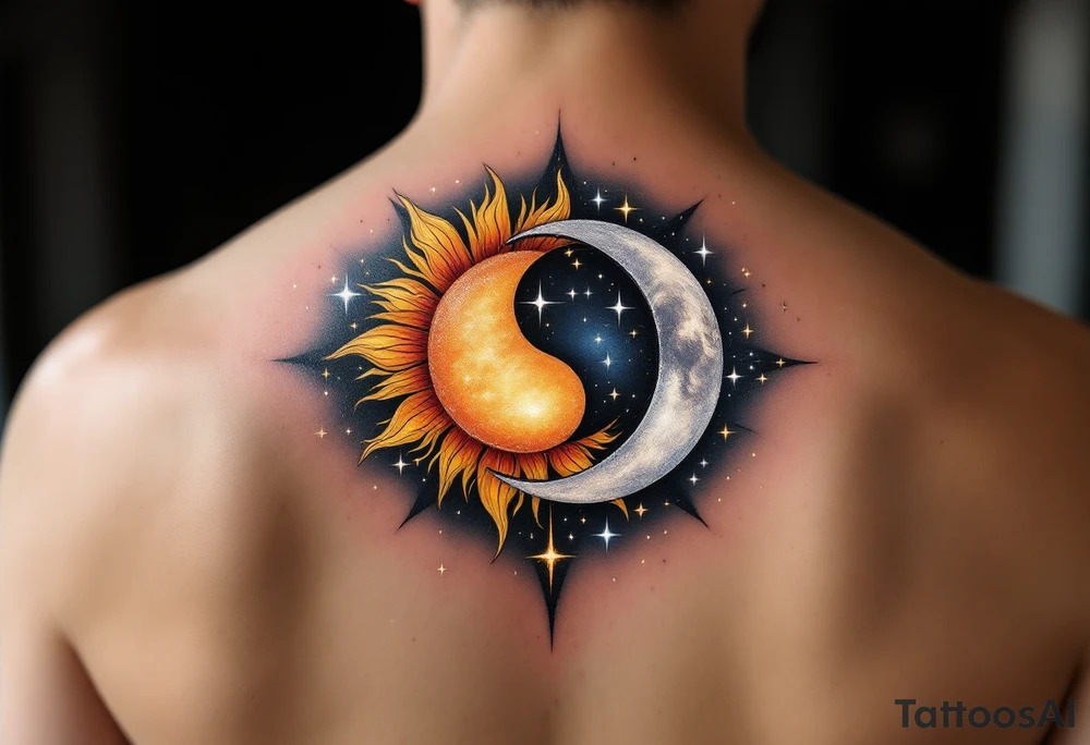 A celestial design featuring a sun and moon intertwined in an elegant dance, their forms forming a yin-yang-like balance. The sun is depicted in warm hues of golden yellow, orange, and fiery red, with rays that fade into soft, golden sparkles. The moon is shown in cool tones of silver, pale blue, and lavender, with a subtle shimmer effect that gives it a glowing, ethereal quality. Around the sun and moon are tiny, glowing stars in shades of white and light blue, scattered across a soft black or deep navy sky, creating a dreamy, otherworldly aura. tattoo idea