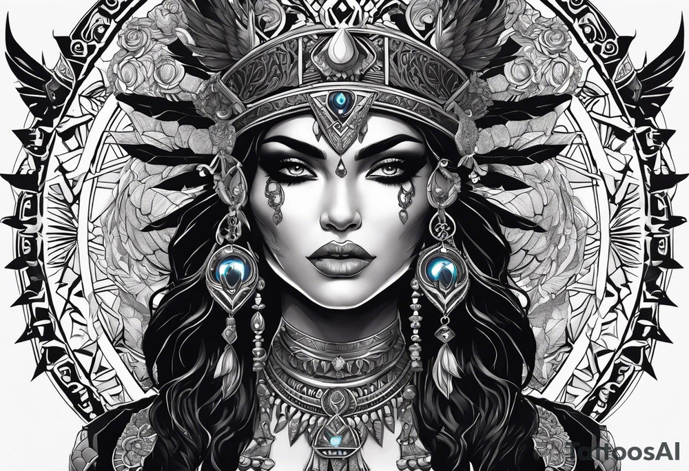 black kali, goddess pirate, alien, pachamama, valkrye, warrior, skull, lotus azul, wing, eagle, zenza resonance, stars, 5D tattoo idea
