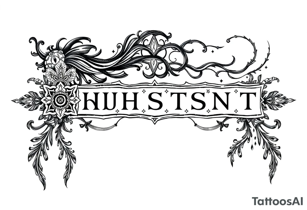 mystical long ornament tattoo with shaman and witch style and ancient rhyme letters outside tattoo idea