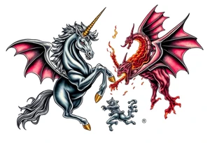 Dark unicorn evil and angry fighting with demons tattoo idea