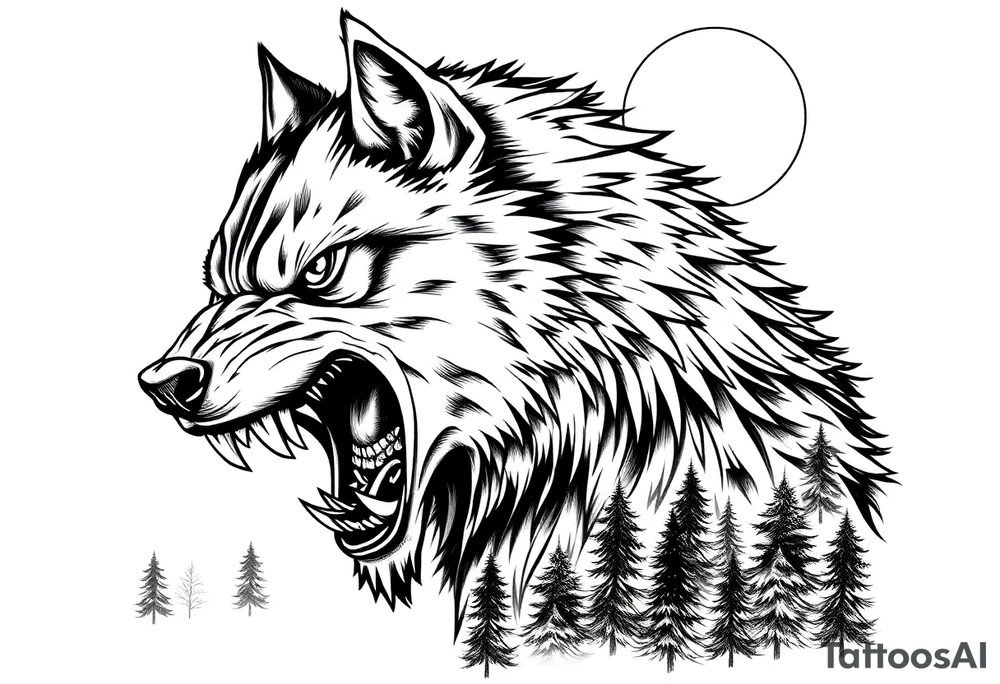 Fierce werewolf snarling, sharp teeth, moon cresting over shoulder,forest. tattoo idea