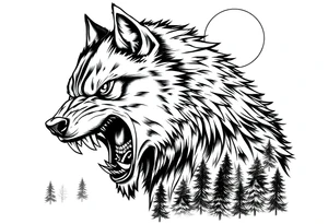 Fierce werewolf snarling, sharp teeth, moon cresting over shoulder,forest. tattoo idea